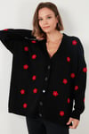 Oversize Fit Çiçekli Düğmeli V Yaka Soft Akrilik Kadın Hırka 4616192 SİYAH