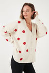 Oversize Fit Çiçekli Düğmeli V Yaka Soft Akrilik Kadın Hırka 4616192 KREM