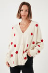 Oversize Fit Çiçekli Düğmeli V Yaka Soft Akrilik Kadın Hırka 4616192 KREM