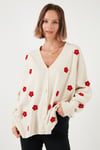 Oversize Fit Çiçekli Düğmeli V Yaka Soft Akrilik Kadın Hırka 4616192 KREM