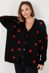 Oversize Fit Çiçekli Düğmeli V Yaka Soft Akrilik Kadın Hırka 4616192 SİYAH