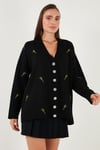 Oversize Fit Desenli V Yaka Triko Kadın Hırka 4616193 SİYAH