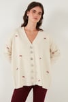 Oversize Fit Desenli V Yaka Triko Kadın Hırka 4616193 Krem-Kırmızı