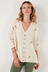 Oversize Fit Desenli V Yaka Triko Kadın Hırka 4616193 KREM