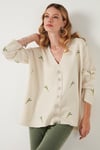 Oversize Fit Desenli V Yaka Triko Kadın Hırka 4616193 KREM