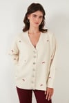Oversize Fit Desenli V Yaka Triko Kadın Hırka 4616193 Krem-Kırmızı