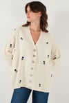 Oversize Fit Desenli V Yaka Triko Kadın Hırka 4616193 Krem-Saks