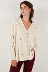 Oversize Fit Desenli V Yaka Triko Kadın Hırka 4616193 Krem-Kırmızı