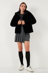 Oversize Fit Dik Yaka Fermuarlı Kadın Kürk 497ZETA SİYAH