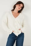Oversize Fit Düğmeli V Yaka Uzun Kollu Triko Kadın Hırka 4616232 TAŞ