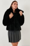 Oversize Fit Gömlek Yaka Cepli Astarlı  Mont Kadın Kürk 497BERRY SİYAH