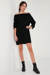 Oversize Fit Kayık Yaka Uzun Kollu Mini Triko Kadın Elbise 4615218 SİYAH