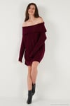 Oversize Fit Kayık Yaka Uzun Kollu Mini Triko Kadın Elbise 4615218 BORDO