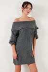Oversize Fit Kayık Yaka Uzun Kollu Mini Triko Kadın Elbise 4615218 ANTRASİT