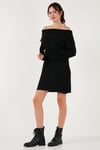 Oversize Fit Kayık Yaka Uzun Kollu Mini Triko Kadın Elbise 4615218 SİYAH
