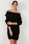 Oversize Fit Kayık Yaka Uzun Kollu Mini Triko Kadın Elbise 4615218 SİYAH