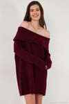 Oversize Fit Kayık Yaka Uzun Kollu Mini Triko Kadın Elbise 4615218 BORDO