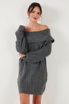 Oversize Fit Kayık Yaka Uzun Kollu Mini Triko Kadın Elbise 4615218 ANTRASİT