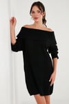 Oversize Fit Kayık Yaka Uzun Kollu Mini Triko Kadın Elbise 4615218 SİYAH