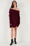 Oversize Fit Kayık Yaka Uzun Kollu Mini Triko Kadın Elbise 4615218 BORDO