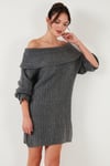 Oversize Fit Kayık Yaka Uzun Kollu Mini Triko Kadın Elbise 4615218 ANTRASİT