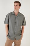 Oversize Fit Kısa Kollu Tek Cepli Apaş Yaka Erkek Gömlek CF21194664 HAKİ