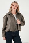 Oversize Fit Klasik Yaka Süet Dokulu Bomber Ceket Kadın Mont 6524932 HAKİ