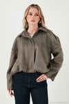 Oversize Fit Klasik Yaka Süet Dokulu Bomber Ceket Kadın Mont 6524932 HAKİ