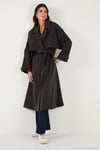 Oversize Fit Kruvaze Yaka Düğmeli Kemerli Uzun Kadın Trençkot 6839476 KOYU KAHVE