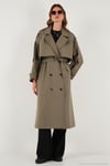 Oversize Fit Kruvaze Yaka Düğmeli Kemerli Uzun Kadın Trençkot 6839476 KARAMEL