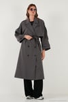 Oversize Fit Kruvaze Yaka Düğmeli Kemerli Uzun Kadın Trençkot 6839476 ANTRASİT