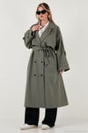 Oversize Fit Kruvaze Yaka Düğmeli Kemerli Uzun Kadın Trençkot 6839476 HAKİ