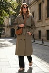 Oversize Fit Kruvaze Yaka Düğmeli Kemerli Uzun Kadın Trençkot 6839476 KARAMEL