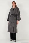 Oversize Fit Kruvaze Yaka Düğmeli Kemerli Uzun Kadın Trençkot 6839476 ANTRASİT