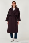Oversize Fit Kruvaze Yaka Düğmeli Kemerli Uzun Kadın Trençkot 6839476 MÜRDÜM