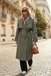 Oversize Fit Kruvaze Yaka Düğmeli Kemerli Uzun Kadın Trençkot 6839476 HAKİ