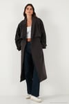 Oversize Fit Kruvaze Yaka Düğmeli Kemerli Uzun Kadın Trençkot 6839476 KOYU KAHVE