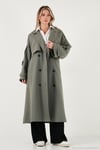 Oversize Fit Kruvaze Yaka Düğmeli Kemerli Uzun Kadın Trençkot 6839476 HAKİ