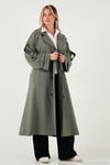Oversize Fit Kruvaze Yaka Düğmeli Kemerli Uzun Kadın Trençkot 6839476 HAKİ