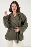 Oversize Fit Kruvaze Yaka Kuşaklı Düğmeli Kadın Trençkot 6839609 HAKİ
