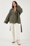 Oversize Fit Kruvaze Yaka Kuşaklı Düğmeli Kadın Trençkot 6839609 HAKİ
