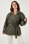 Oversize Fit Kruvaze Yaka Kuşaklı Düğmeli Kadın Trençkot 6839609 HAKİ