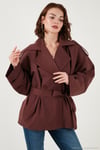 Oversize Fit Kruvaze Yaka Kuşaklı Düğmeli Kadın Trençkot 6839609 BORDO