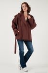 Oversize Fit Kruvaze Yaka Kuşaklı Düğmeli Kadın Trençkot 6839609 BORDO