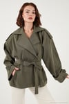 Oversize Fit Kruvaze Yaka Kuşaklı Düğmeli Kadın Trençkot 6839609 HAKİ