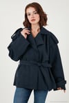 Oversize Fit Kruvaze Yaka Kuşaklı Düğmeli Kadın Trençkot 6839609 LACİVERT