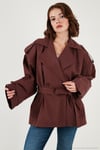 Oversize Fit Kruvaze Yaka Kuşaklı Düğmeli Kadın Trençkot 6839609 BORDO