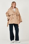 Oversize Fit Kruvaze Yaka Kuşaklı Kaşe Kadın Kaban 6839669 CAMEL