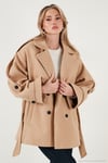 Oversize Fit Kruvaze Yaka Kuşaklı Kaşe Kadın Kaban 6839669 CAMEL