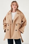 Oversize Fit Kruvaze Yaka Kuşaklı Kaşe Kadın Kaban 6839669 CAMEL